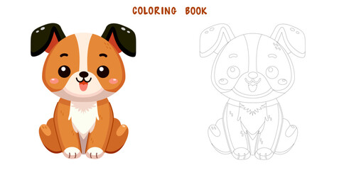 Coloring book of cute and smile dog, doodle pet friend. Coloring page of funny adorable dog or fluffy puppy cartoon character design. Pet companion friendship. Flat vector illustration.