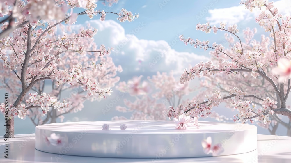 Aufkleber a beautiful podium backdrop with a landscape scene of cherry blossoms in spring. 3d rendering.