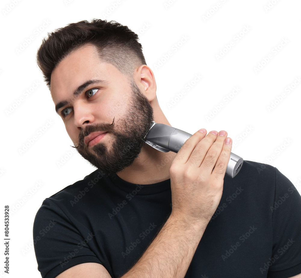 Sticker Handsome young man trimming beard on white background