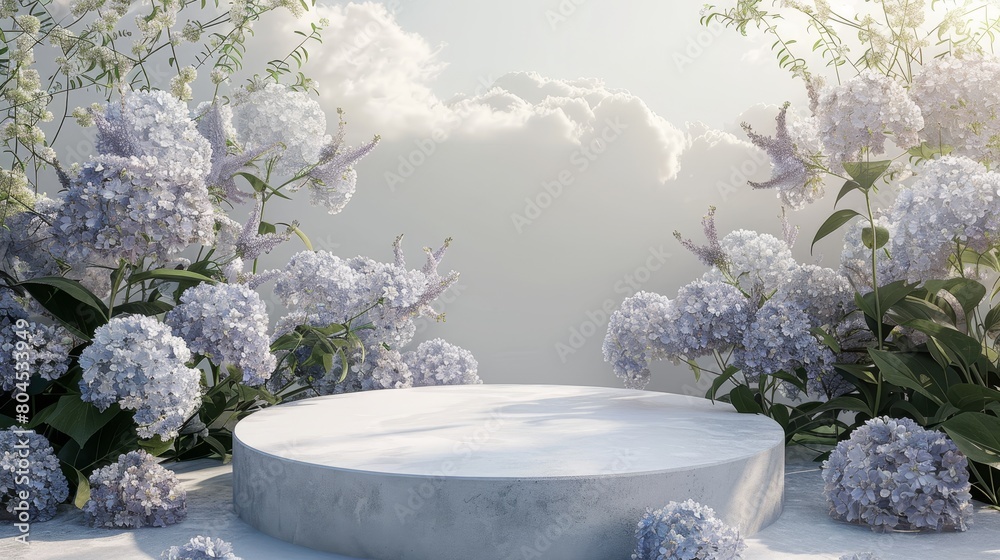 Leinwandbilder Background for product display with Hydrangea flower field. 3D rendering.