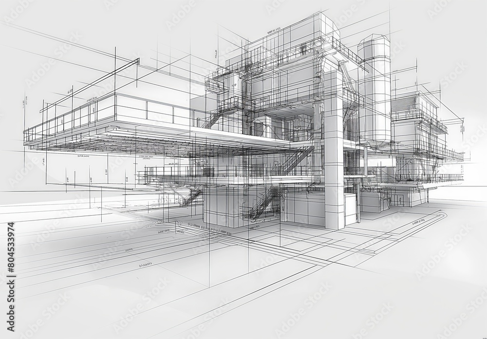 Poster Industrial building wireframe rendering with architectural and construction details