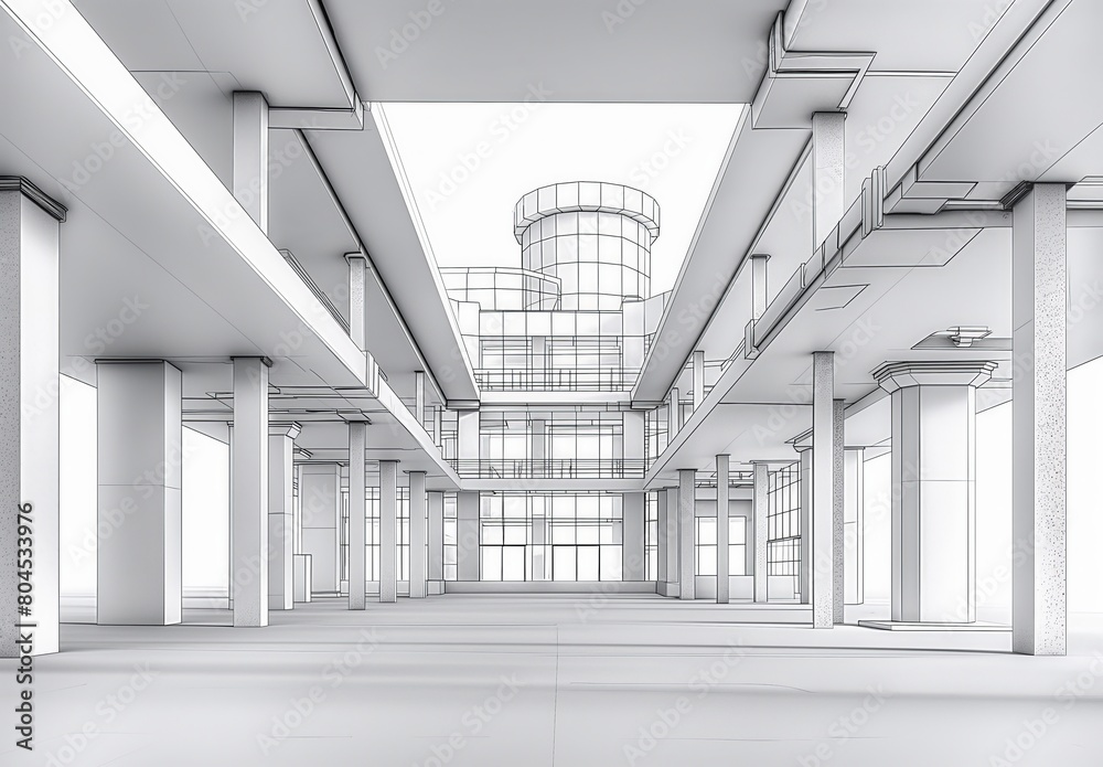 Poster Industrial building wireframe rendering with architectural and construction details