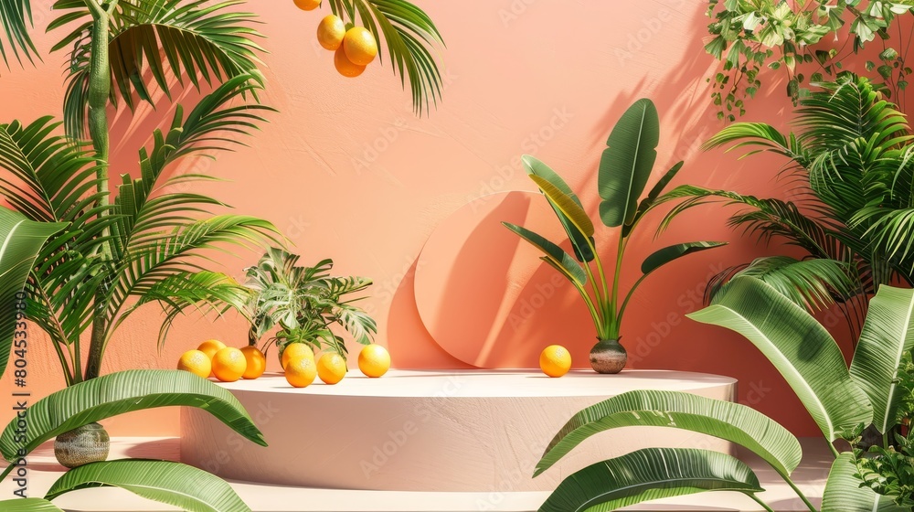 Aufkleber The scene features a podium for displaying products. A 3D rendering of the scene is shown below.