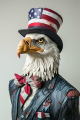 Eagle head in patriotic attire with USA flag hat and bow tie, national holidays and themed events.