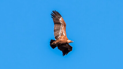 Eurasian Griffon Vulture. A majestic brown eagle soars freely against a clear blue sky, embodying the essence of freedom and nature’s grandeur.