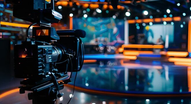 TV studio set being prepared for a talk show variety program. Concept TV Production, Talk Show Set, Entertainment Industry, Variety Program, Backstage Preparation