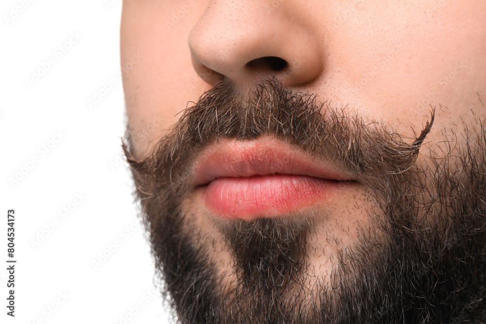 Sticker Young man with mustache on white background, closeup