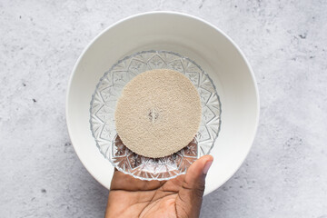 Overhead view of instant yeast on a glass tray, dry yeast granules for baking bread