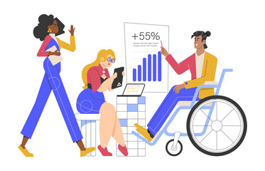 Fototapeta premium Startup team working together. Colleagues analyze the financial report, forecast profits and sales. Meeting, presentation at a startup. Various characters. Vector flat illustration