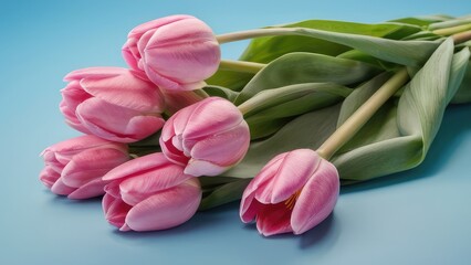 Bouquet of pink tulips on pastel blue background. Valentine, Mother's day, women's day and wedding concept floral composition