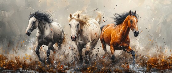 An abstract painting with metal elements, texture background, horses, animals, etc.........