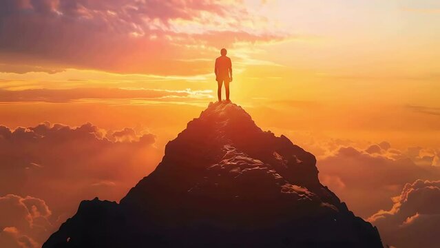 Silhouette of a person standing on top of a mountain peak looking out at a sunset symbolizing reaching business goals