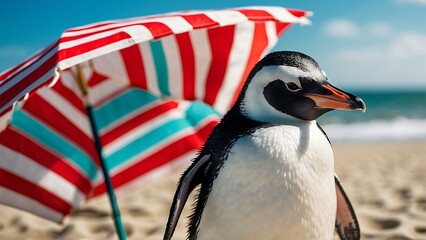Cute penguin with umbrella on the beach in sunny day. - obrazy, fototapety, plakaty