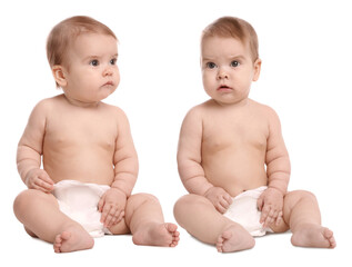 Portrait of cute twin babies on white background