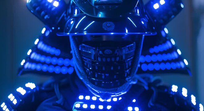 Samurai armor illuminated by blue lights symbolizes fusion of tradition and technology. Concept Japanese Culture, Traditional Fashion, Futuristic Design, Symbolism, Fusion of Tradition and Technology