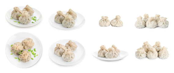 Delicious khinkali (dumplings) isolated on white, set