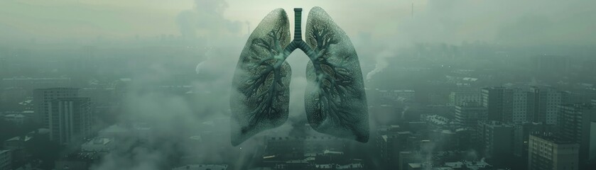 Lungs struggling in a smogfilled cityscape, grey tones, highlighting pollution impact