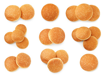 Fresh burger buns isolated on white, top view