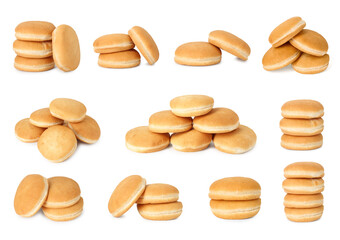 Fresh burger buns isolated on white, collage