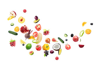 Different fresh fruits and vegetables in air on white background