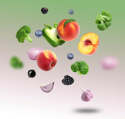 Different fresh fruits and vegetables in air on green gradient background