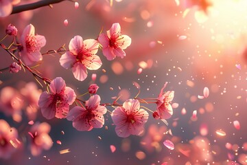 Sakura themed digital wallpaper, animated blossoms falling, warm indoor light, modern home decor