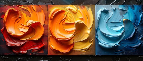 An abstract art background wall for decoration. Three abstract paintings in vibrant colors. Contemporary art. Artworks. Spots of paint. Paintbrush. Modern art...................