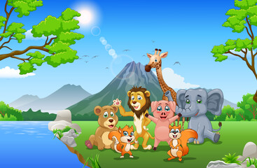 Animals in the wild nature background. Cartoon style. Vector illustration.