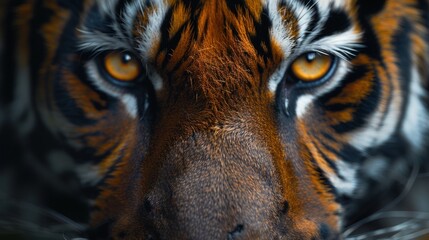 Photo of striped tiger animal Open eyes black orange fur. Close up photo of tropical forest jungle hunter wild cat animal