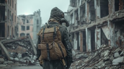 A man in a chemical protective suit with a backpack against the background of a destroyed city