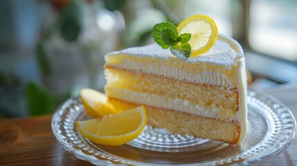 An elegant cake and a lemon saucer on a transparent plate