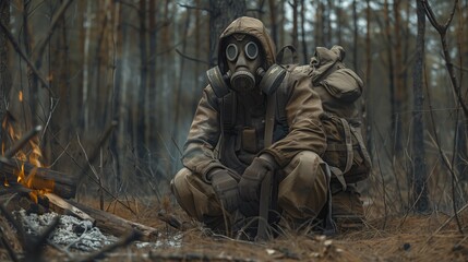 Obraz premium Human sits in a chemical protective suit with a backpack on scaffolding near a fire