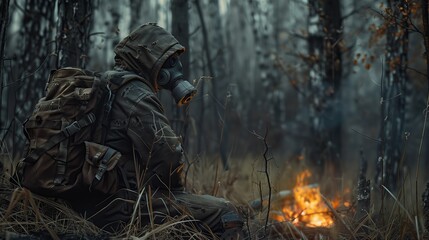 Human sits in a chemical protective suit with a backpack on scaffolding near a fire