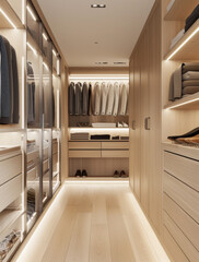 Gran vestidor moderno de una casa , espacioso, de madera con muebles, cajoneras, perchas, múltiple ropa colgada y pasillo central que comunica todo el espacio interior © Helena GARCIA
