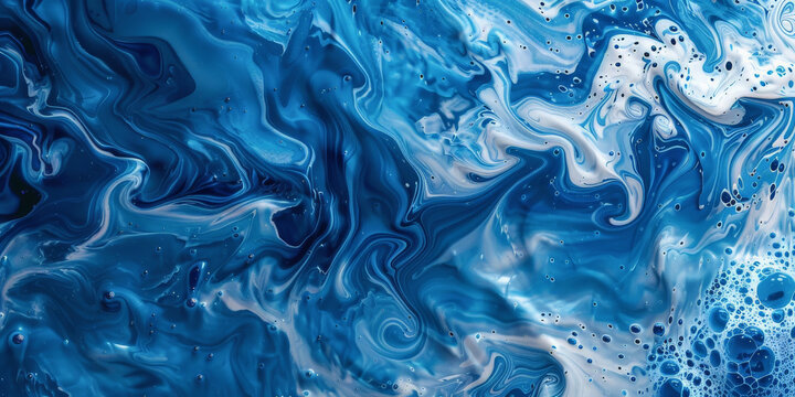 Fondo abstracto artístico con pintura liquida en color azul y blanco representando formas geométricas onduladas

