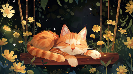 Sleepy kitty napping peacefully in a cozy swing adorned with flowers. Vector illustration.
