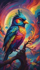 Obraz premium Multicolored bird perched on a branch, set against a magical backdrop of swirling colors and light, Generative AI.