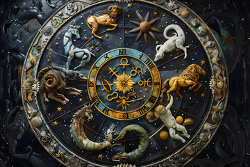 Fototapeta na wymiar Artistic Representation of the Twelve Astrological Zodiac Signs in Circular Arrangement
