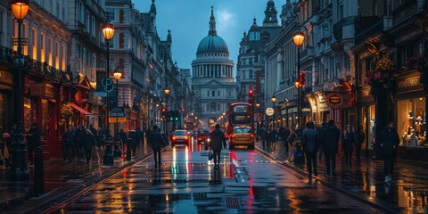 Urban nightlife scene with pedestrians and traffic in front of St Paul's Cathedral in London,...