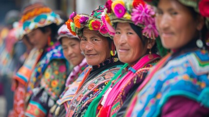 Fototapeta premium A group of women standing together, each wearing a different brightly colored hat on their heads.