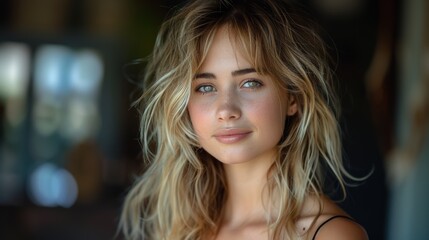Obraz premium A woman with blonde hair posing for a picture in front of the camera, AI