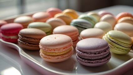Obraz premium Assorted Colorful Macarons onStylish Tray - Tempting French Pastry Desserts