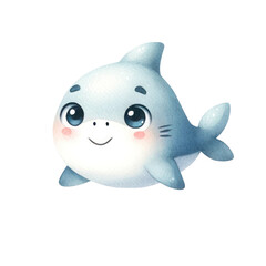 A cute cartoon shark with big eyes and a friendly smile.