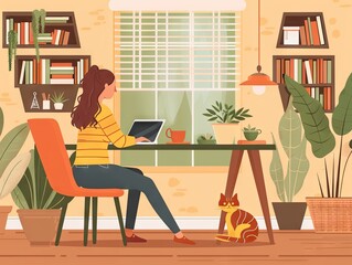 Working from home with pets, illustration of a woman with cat