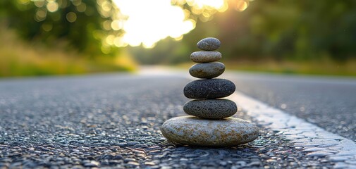Balanced stones on the road, copy space ai generated high quality image