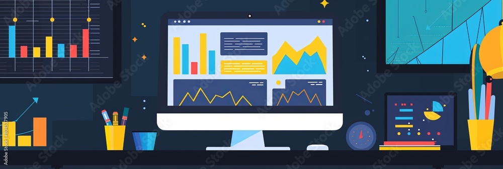 Poster a computer monitor placed on a desk, displaying financial charts and graphs. generative ai