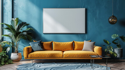 Empty wall mockup, minimalist living room, mockup frame with blank canvas