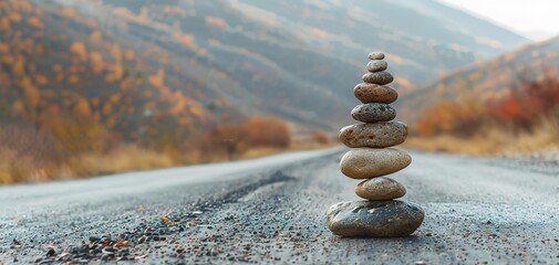 Balanced stones on the road, copy space ai generated high quality image