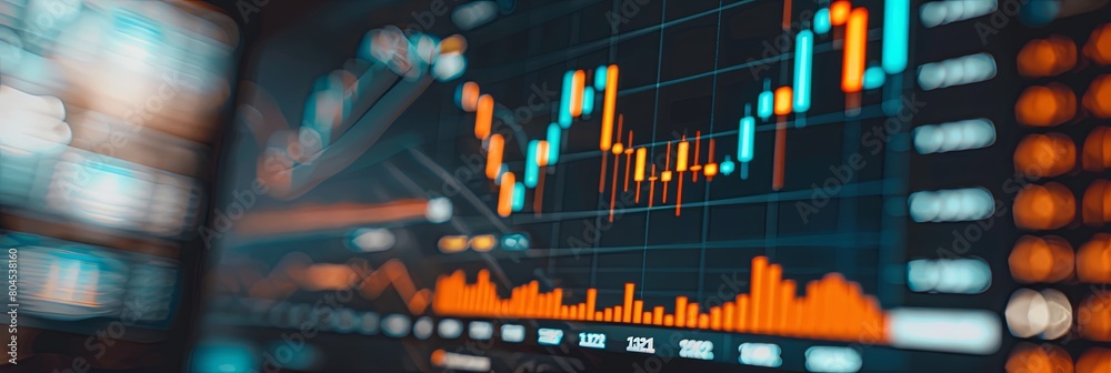 Poster Detailed view of a computer screen displaying a financial chart, suitable for advertising financial analytical tools or trading apps. Generative AI