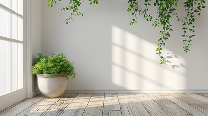 Empty wall mockup, minimalist living room, hanging planter